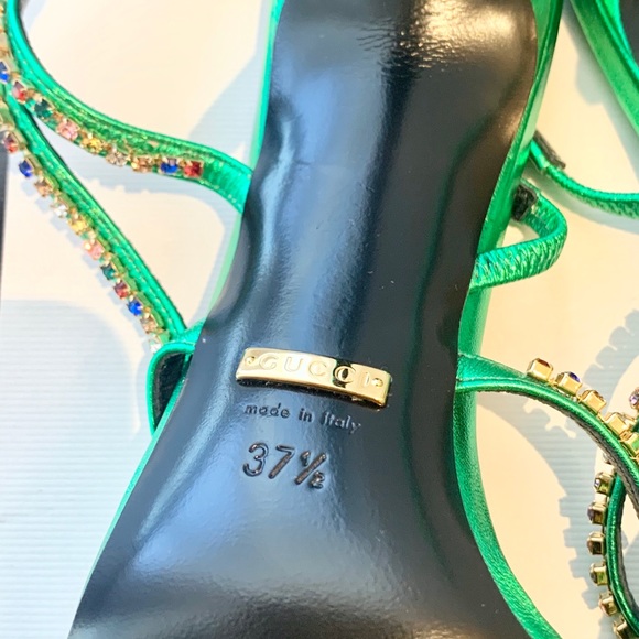 ❌SOLD❌Gucci Carmen Crystal-Embellished Metallic Leather Sandals In Jasmine Green - Picture 8 of 11